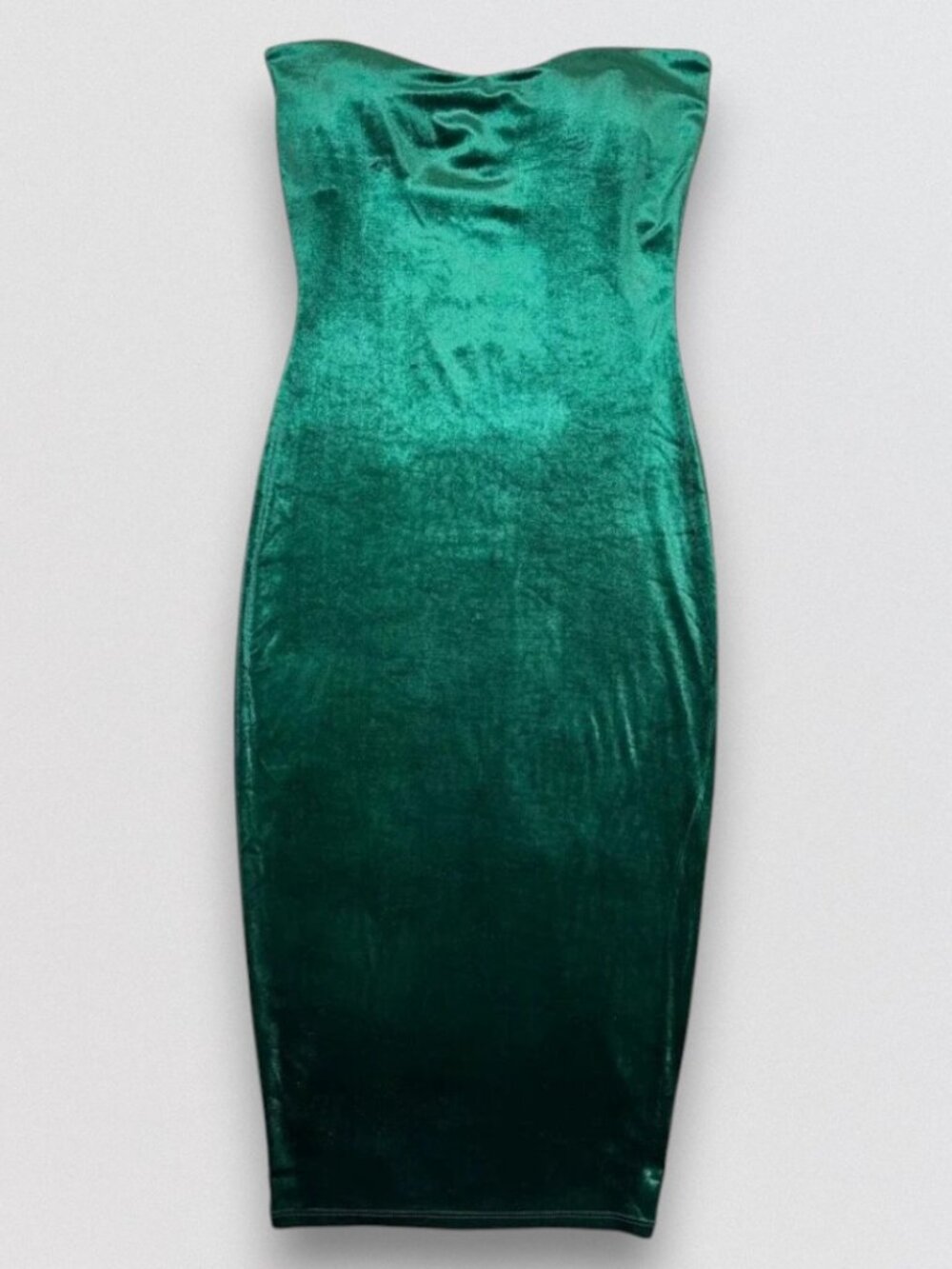 Emerald Green Velvet Strapless Tube Bodycon Midi Dress Small